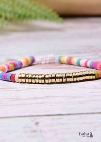 Boho Bracelet, White Blue Colorful Shell Gold